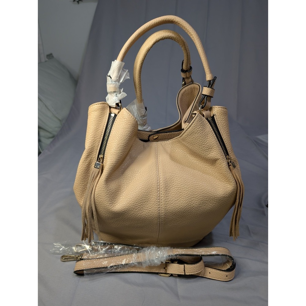 NWOT Beige Faux Leather Hobo‎ Satchel Bag Tassel Zip Pockets Crossbody Strap